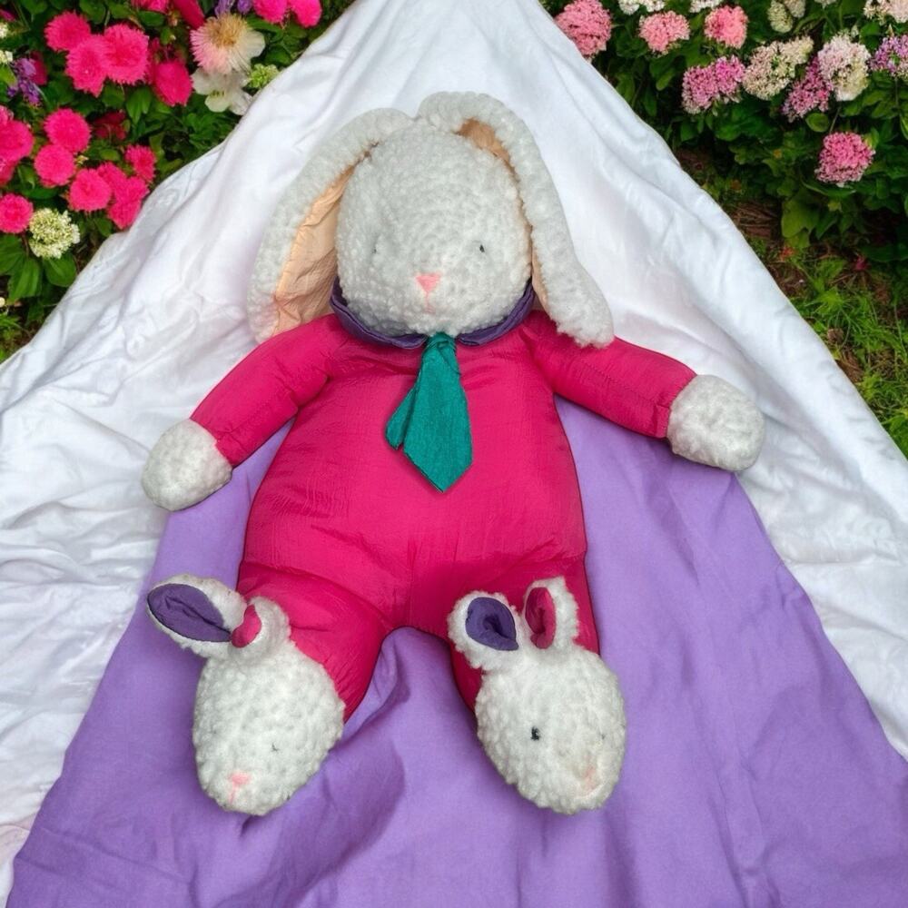 Vintage Puffy Nylon Stuffed Plush‎ 12" Easter Bunny Rabbit with Slippers 80s 90s